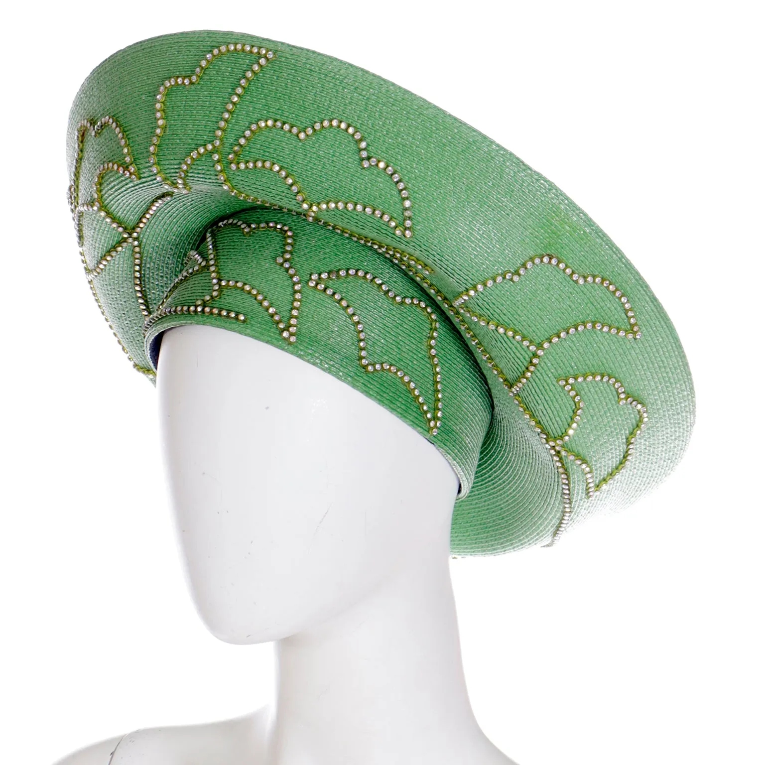 1990s Vintage Makins Green Straw Wide Brim Church Hat with Rhinestones