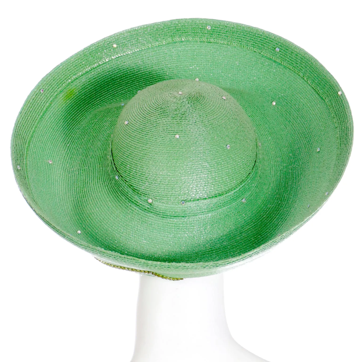 1990s Vintage Makins Green Straw Wide Brim Church Hat with Rhinestones